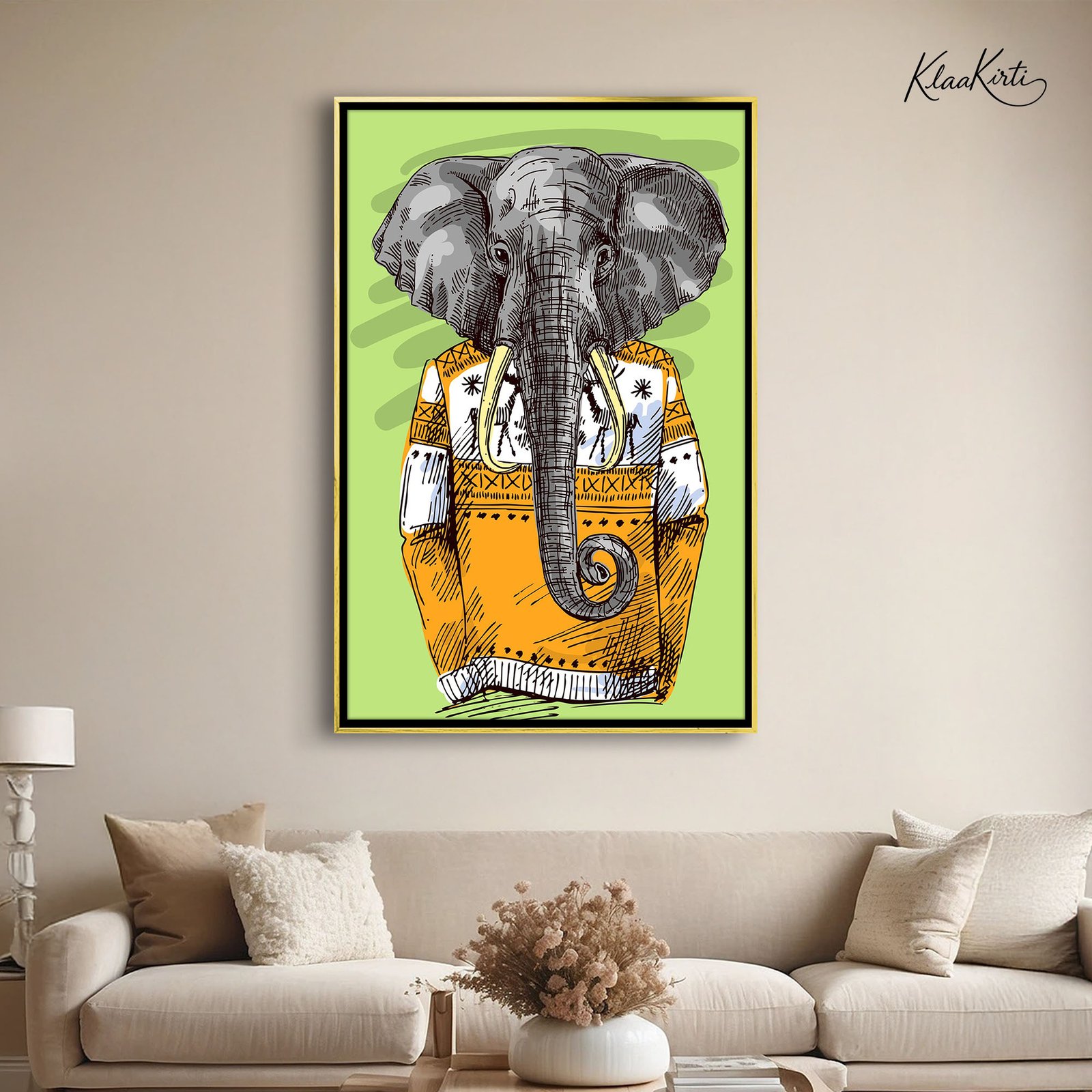 Vertical 08 Orange Jumper Elephant canvas Art - Image 1