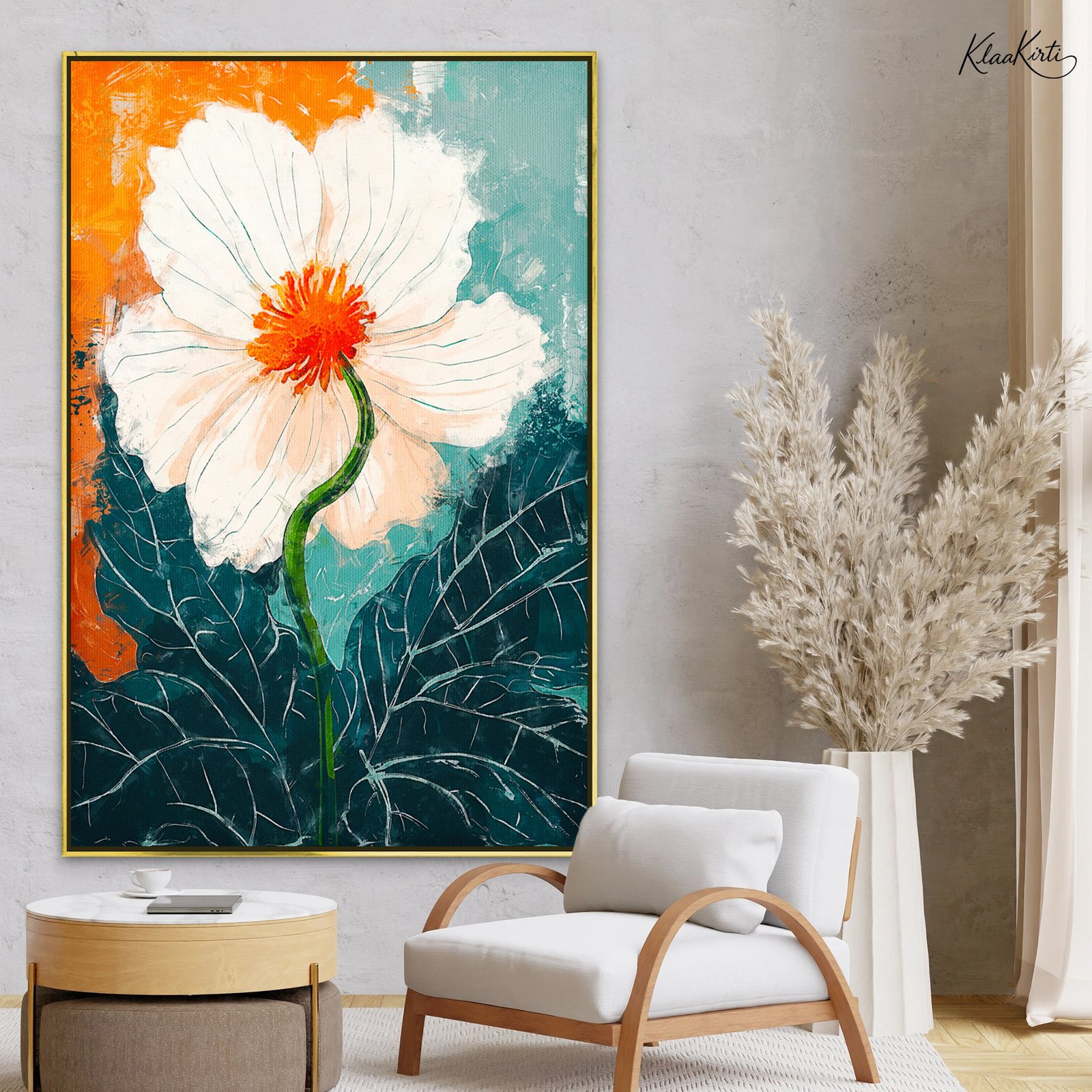 01 Teal and Orange Blossom Canvas Wall Art - Image 1