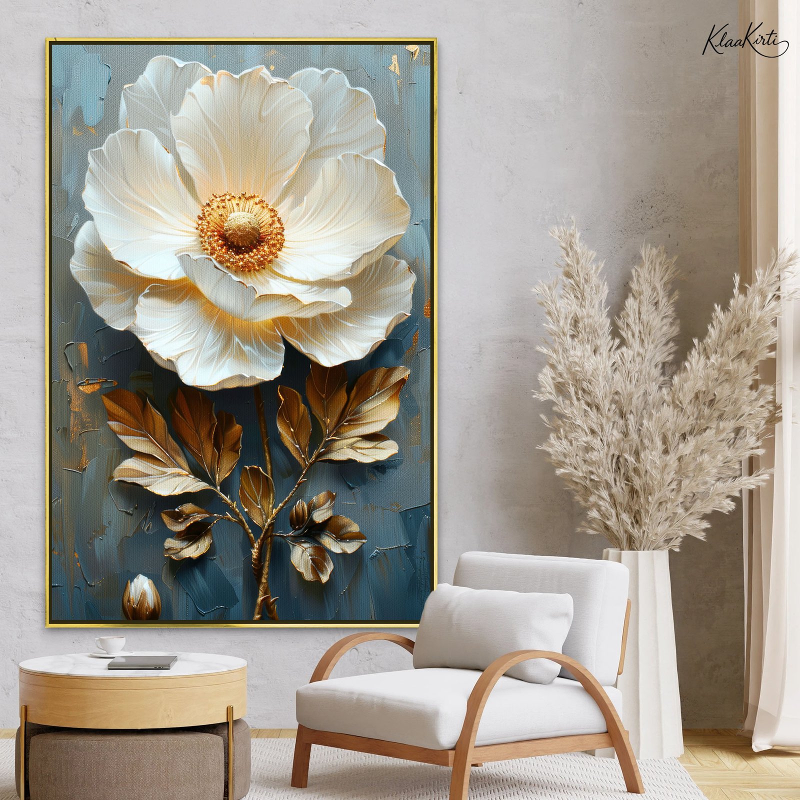 01 Teal and Gold Peony Canvas Wall Art - Image 1