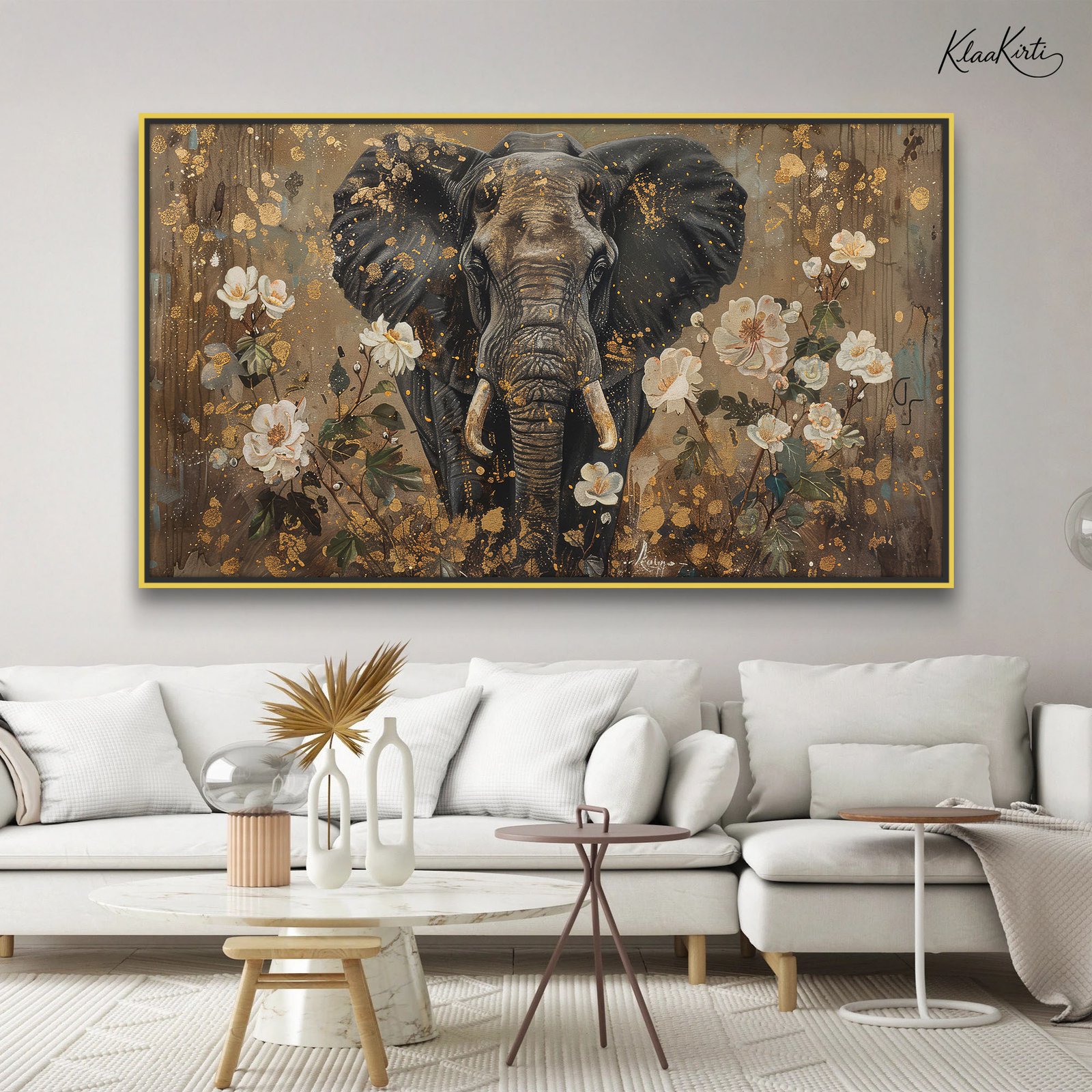 1 Elephant in Golden Floral Splendor Canvas art - Image 1