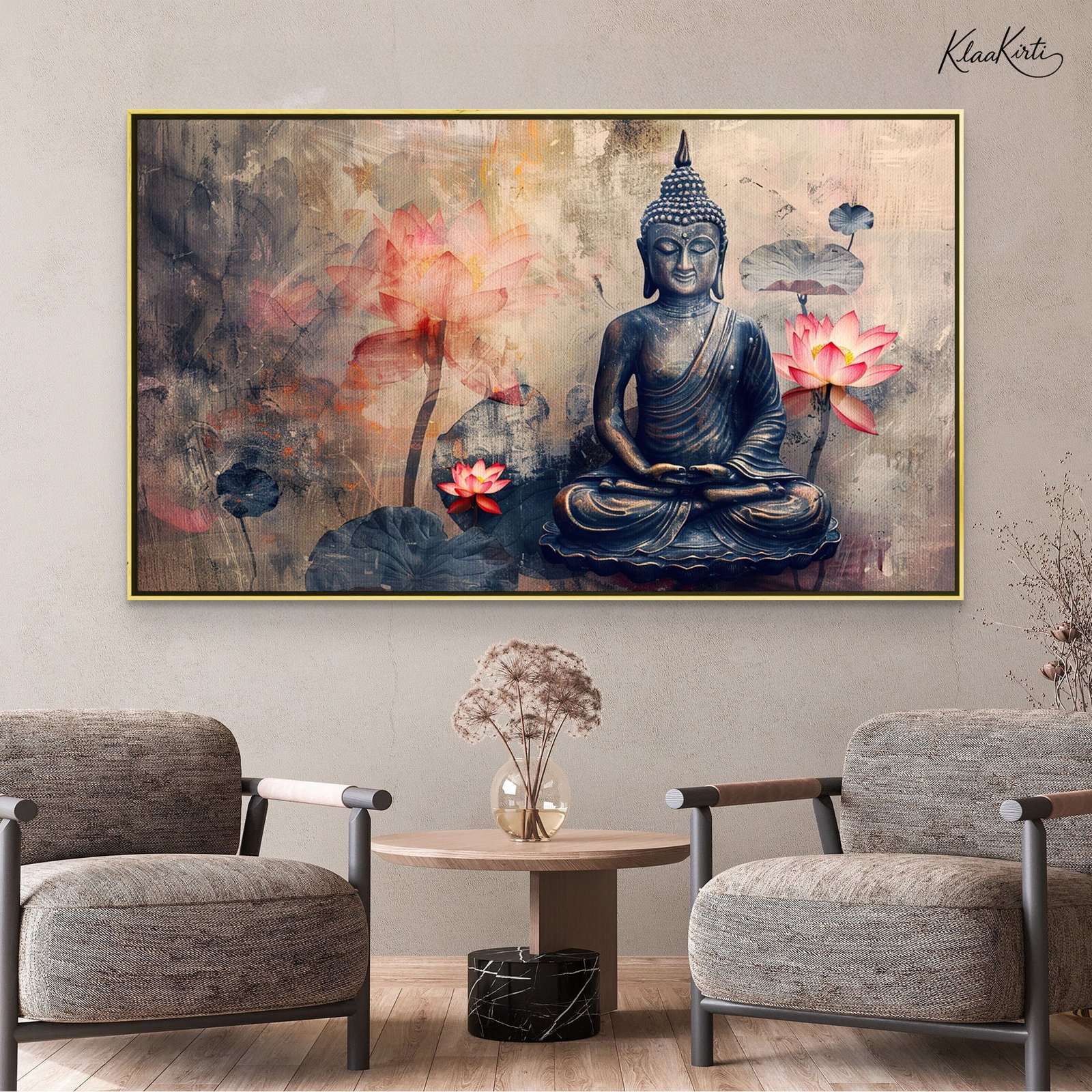 Landscape Canvas 01 Lotus Serenity in Indigo Canvas Art - Image 1