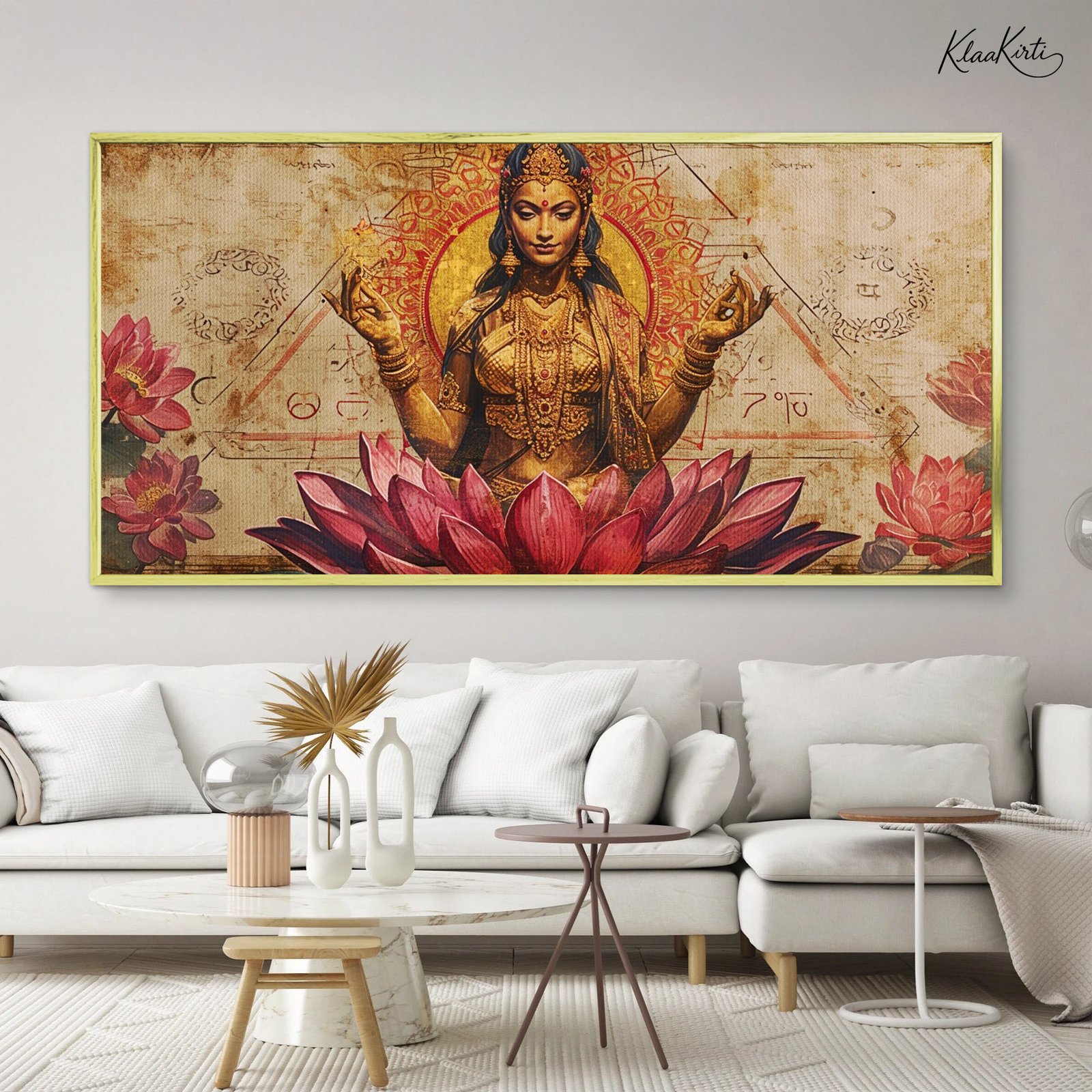 Slim Landscape Canvas 01 Golden Lakshmi on Lotus Canvas Wall art - Image 1