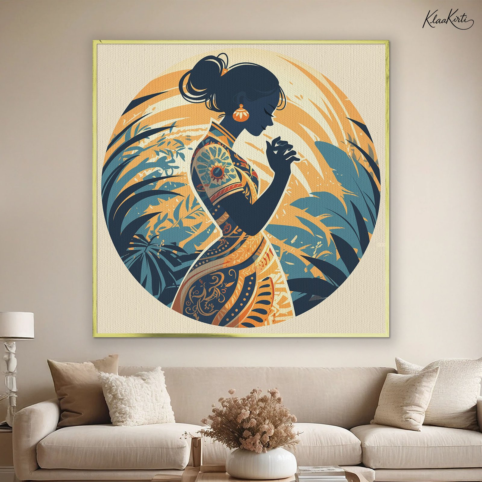 Sqaure Canvas01 Boho Serenity in Indigo and Ochre Canvas Wall art - Image 1