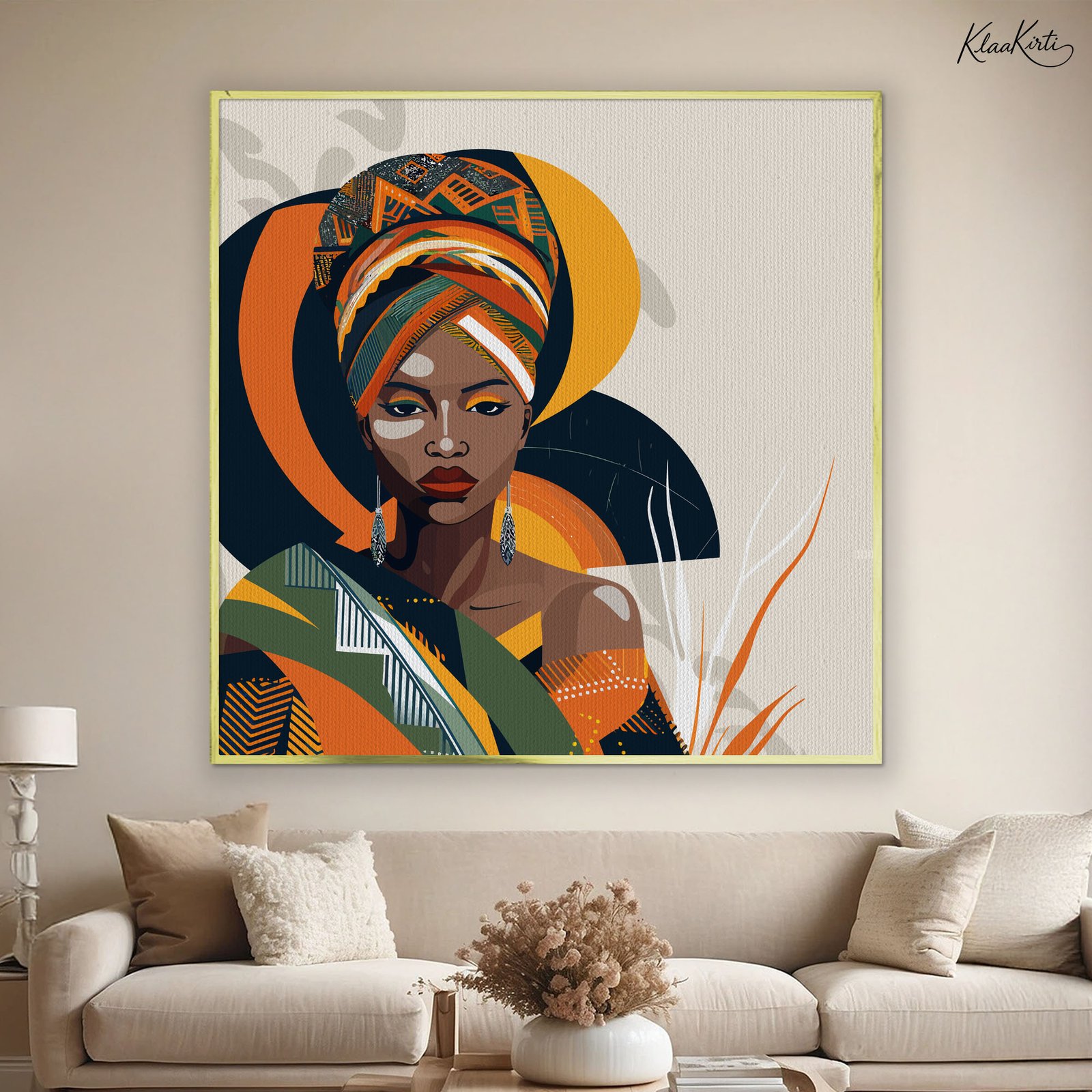 Sqaure Canvas01 Afrikan Queen in Ochre and Teal Canvas Wall art - Image 1