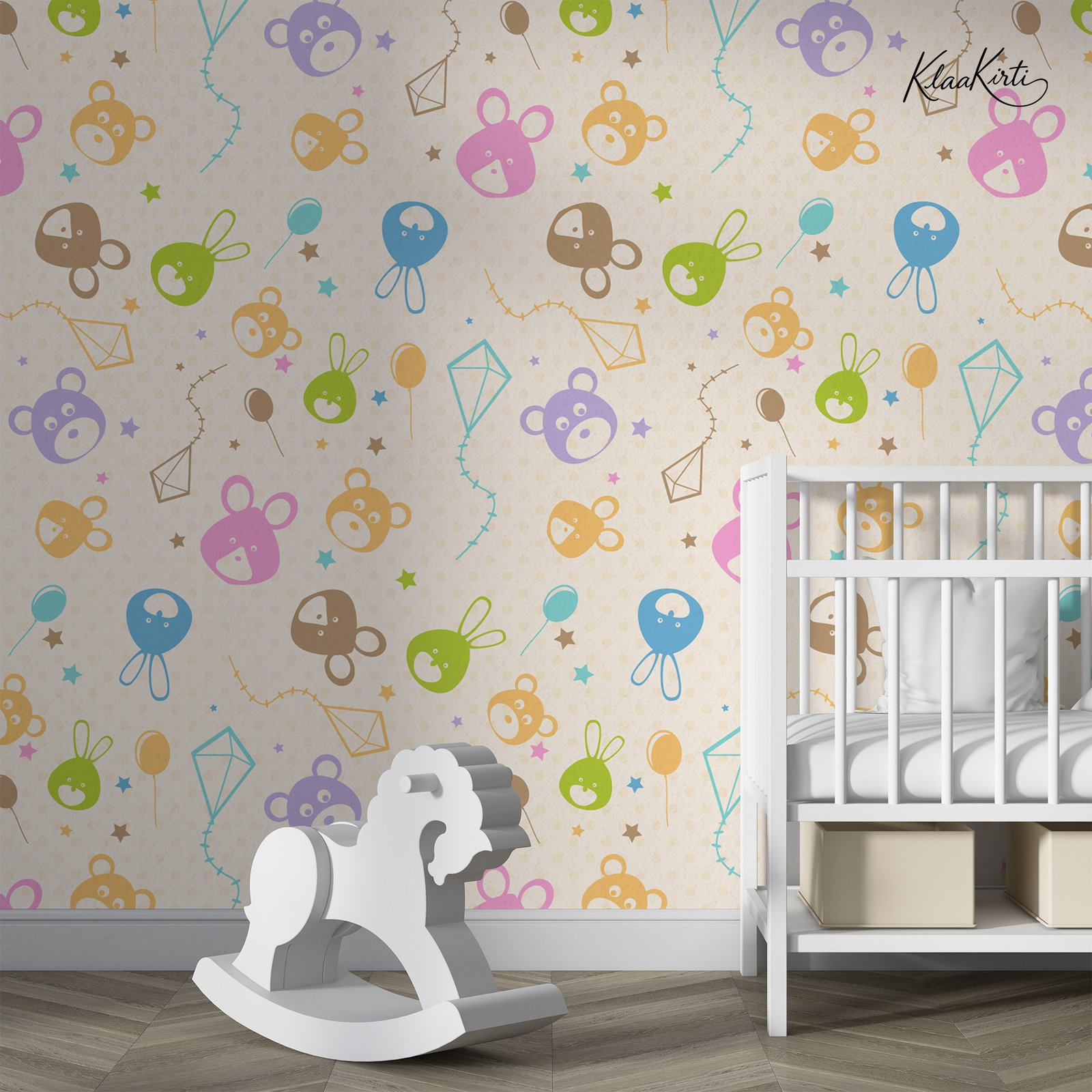 Artboard 1 Pastel Cartoon Bears and Rabbits Kids Premium Wallpaper - Image 1