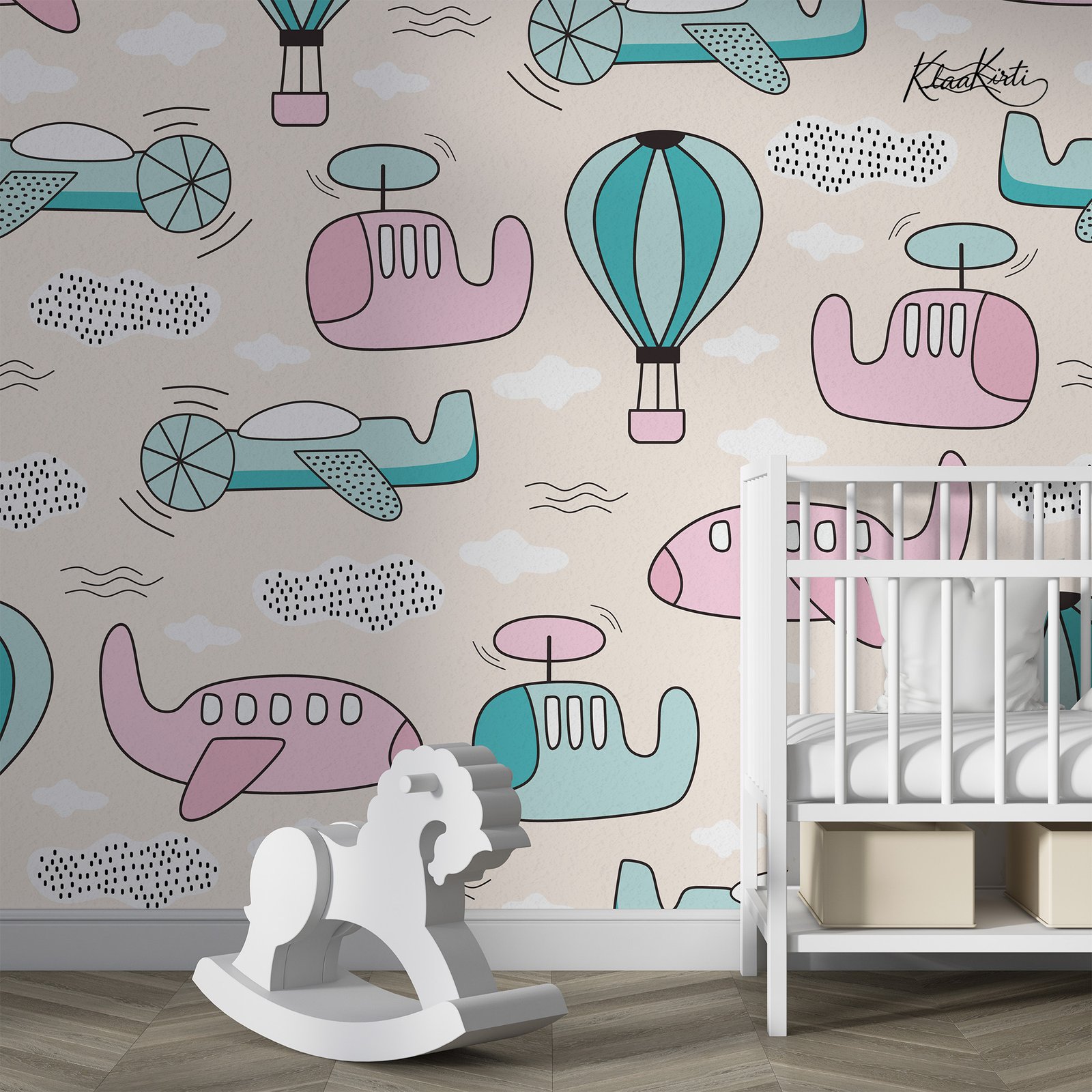 Artboard 1 Pastel Planes and Hot Air Balloons Kids Premium Wallpaper - Image 1
